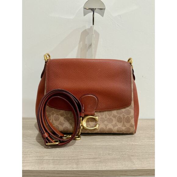 Coach Signature Coated Canvas May Small Flap Shoulder Handbag Tan Rust - Picture 5 of 13